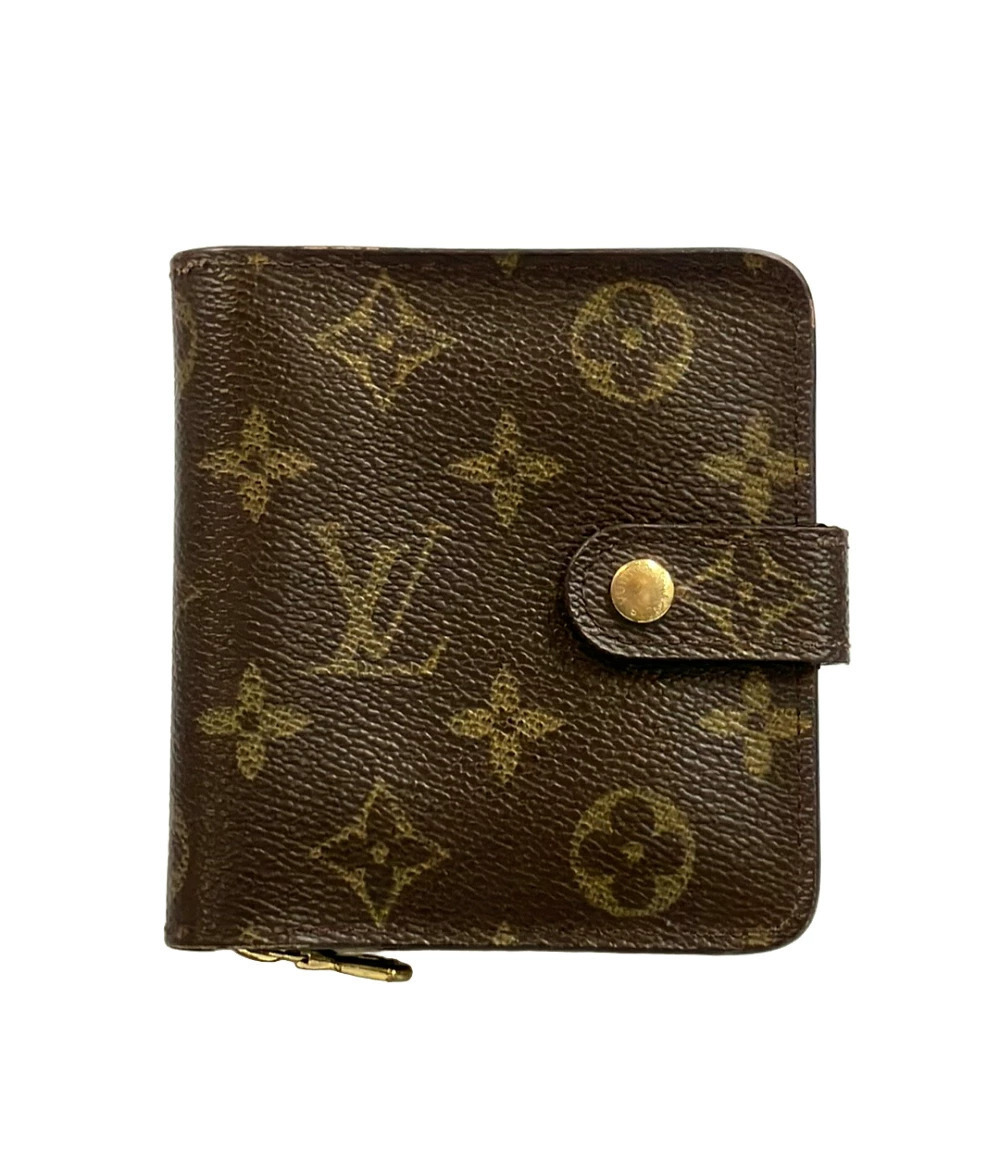 Louis Vuitton Bifold Wallet Compact Zip Monogram Canvas Leather Black Brown